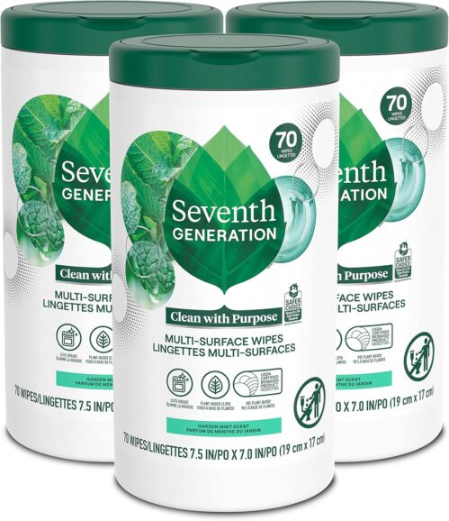 Seventh Generation Multi Purpose Wipes All Purpose Cleaning Garden Mint scent with 100% Essential Oils and Botanical Ingredients 70 count, Pack of 3