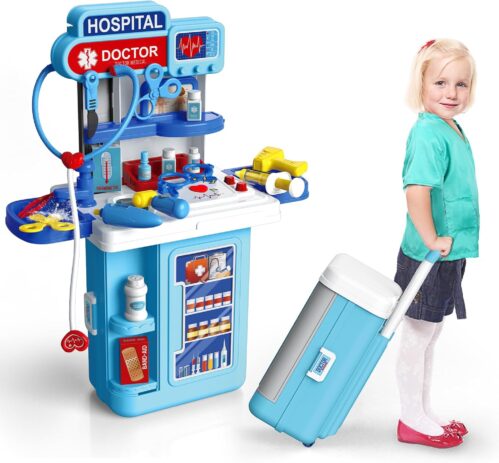 Doctor Kit for Kids 3-5, Pretend Doctor Playset for Toddlers with Costume and Stethoscope, 34 Pcs with Realistic Light & Sound Effects, Pretend Mobile Medical Station, Role Play Medical Toy
