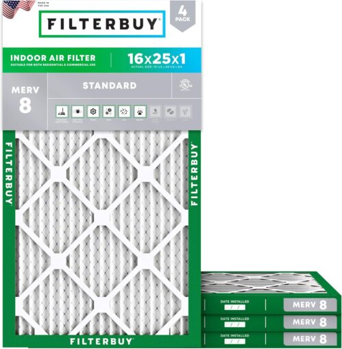 Filterbuy 16x25x1 Air Filter MERV 8 Dust Defense (4-Pack), Pleated HVAC AC Furnace Air Filters Replacement (Actual Size: 15.50 x 24.50 x 0.75 Inches)