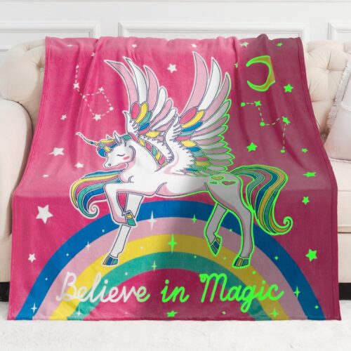 Unicorn Gifts Toys for Kids Girls – Glow in The Dark Blanket Age 1-13 Years Old Birthday Christmas Valentine’s Gift Easter Presents Toddler Teen Daughter Grandkids Rainbow Moon Stars Throw 50″x60″