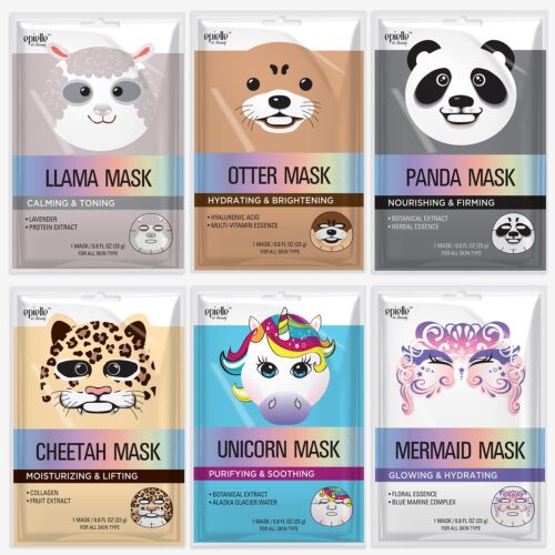 Epielle Animal Character Sheet Masks | Korean Spa Masks for All Skin Types | Face Mask, Spa Gifts, Birthday Party Gifts, Girls’ Night, Skincare Party | Assorted 6 Pack | Korean Skincare