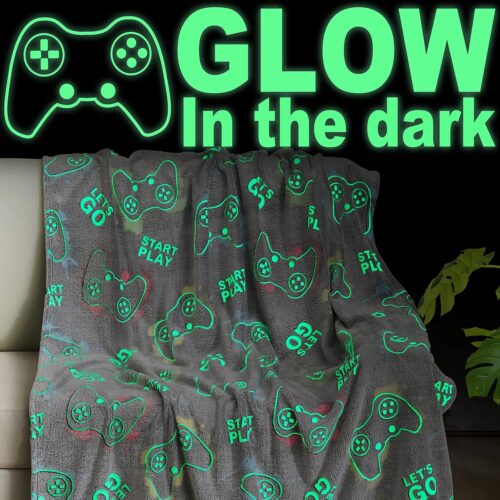 Jekeno Glow in The Dark Gaming Blanket Gamer Game Controller Throw Gift Toys for Kids Boys Teen Son Adults Gamepad Presents Easter Birthday Christmas Bedroom Decor Luminous Blanket Grey 50″x60″