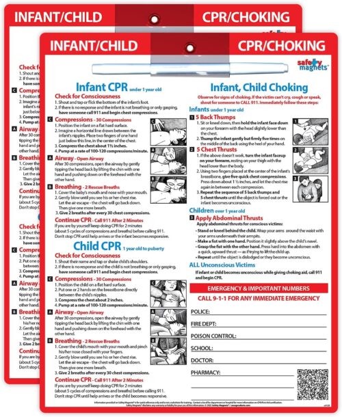 Infant and Child CPR and Choking Magnets (2 Pack) – First Aid Quick Reference Card for Children – Emergency Phone Numbers – Laminated with Magnets, Marker – 8.5 x 11 in.