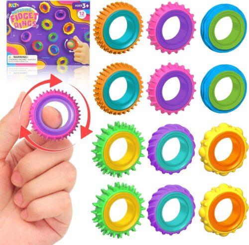 Fidget Toys Sensory Rings for Kids: 12 Pack Finger Spinner Rings – Texture Stress Toys for Kids Autism Calming – Fun Fidgets for Student Classroom Prize Stocking Stuffers