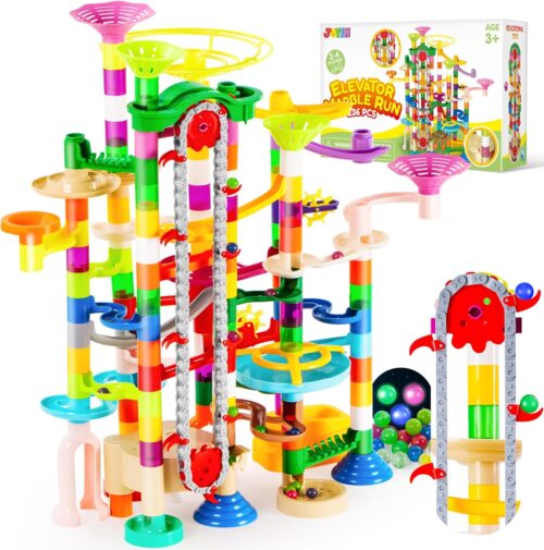 JOYIN 236Pcs Glowing Marble Run with Motorized Elevator- Construction Building Blocks Toys with 30 Glow in The Dark Plastic Marbles, STEM Gifts for Boys and Girls