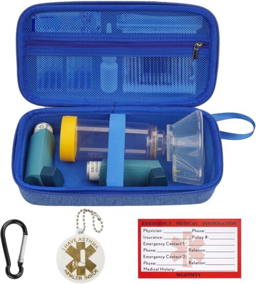 MGZNMTY Travel Carrying Case Compatible with Asthma Inhaler Spacer for Adults and Children, Masks, Inhaler Holder with Asthma Alert Tag and Medical Card, Carabiner (Only Case) (Blue)