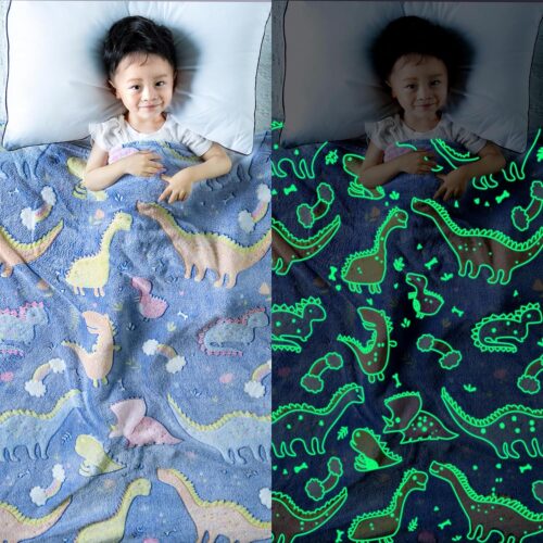 Glow in The Dark Dinosaur Blanket for Boys and Girls Funny Gift,Kids Blanket 50×60 in Super Soft Fluffy,Throw Blanket Warm Cozy Also Suitable Toddler