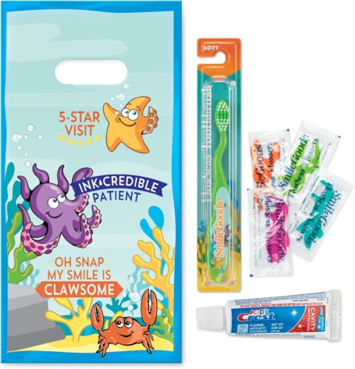 Practicon SmileGoods Dental Hygiene Kit, Makes 72 Dental Care Giveaways with Toothbrush, Toothpaste, Flossers and Bag (FlosSeas)