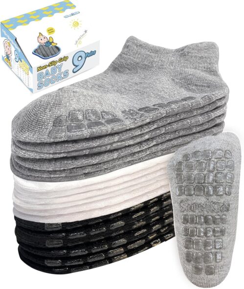 Simply Kids Non-Slip Toddler Ankle Socks (9 Pairs) – Superior Grip, Soft Cotton, for Active Baby Girls & Boys (Ages 0-7)