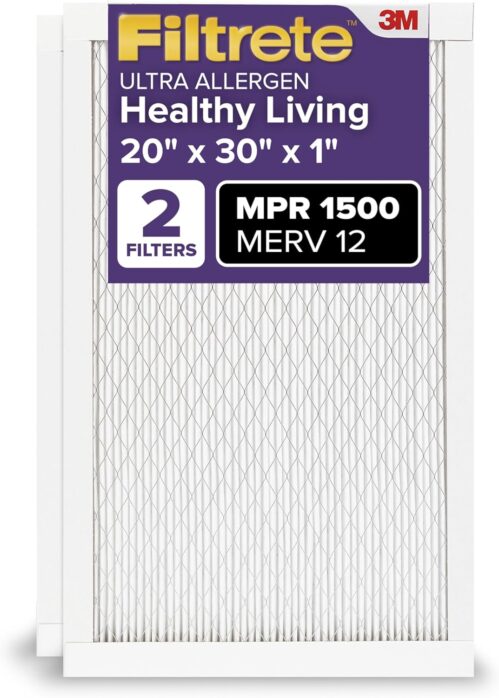 Filtrete 20x30x1 AC Furnace Air Filter, MERV 12, MPR 1500, CERTIFIED asthma & allergy friendly, 3 Month Pleated 1-Inch Electrostatic Air Cleaning Filter, 2-Pack (Actual Size 19.81×29.81×0.78 in)