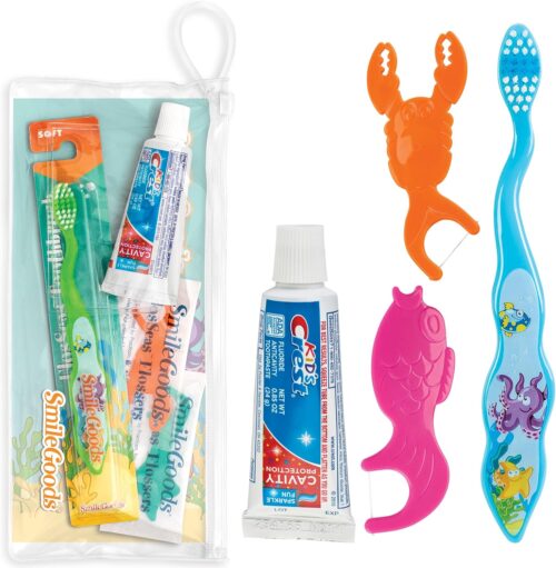Practicon FlosSeas Child Dental Care Kit, Travel Size Bundle w/Toothbrush, Crest Toothpaste and Flossers, TSA Friendly Kids Oral Care Kit