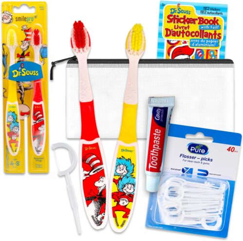 Dr. Seuss Oral Care Traveling Kit for Kids – Bundle with 2 Toothbrushes, Toothpaste, Floss, Travel Bag, More for Boys, Girls, Toddlers Toothbrush Set