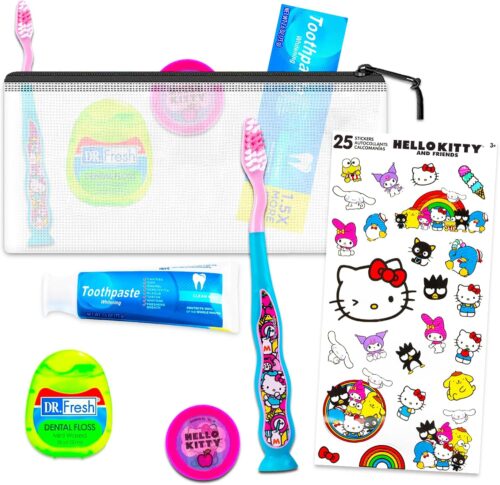 Hello Kitty Oral Care Traveling Kit for Kids – Bundle with Hello Kitty Toothbrush with Cover, Toothpaste, Floss Pack, Travel Bag, and More for Girls, Toddlers | Hello Kitty Toothbrush Set.