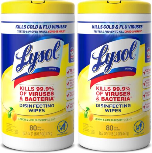 Lysol Disinfectant Wipes Multi-Surface Antibacterial Cleaning Wipes For Disinfecting and Cleaning Lemon and Lime Blossom 80 Count (Pack of 2)