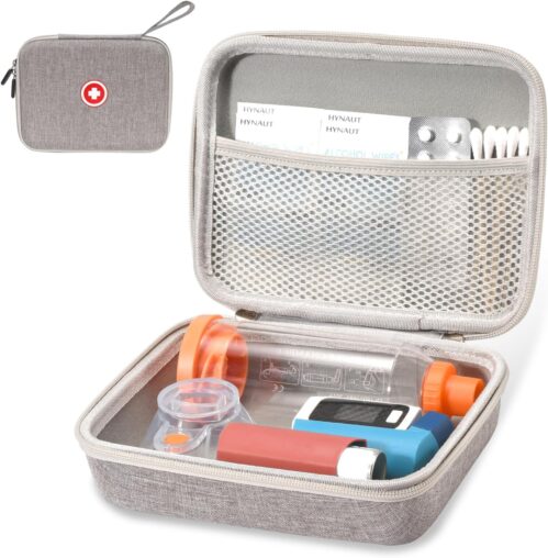 Fukumi Hard Travel Case for Asthma Inhaler and Accessories – Mesh Pocket, For Kids and Adults, Grey