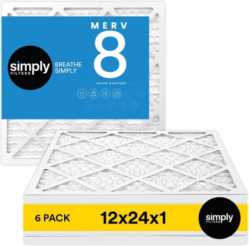 Simply 12x24x1 Air Filter, MERV 8, MPR 600, 6 Pack, For Home AC Furnace & HVAC (Actual Size: 11.75″x23.75″x0.75″) DUST, Pet, & Allergy Control