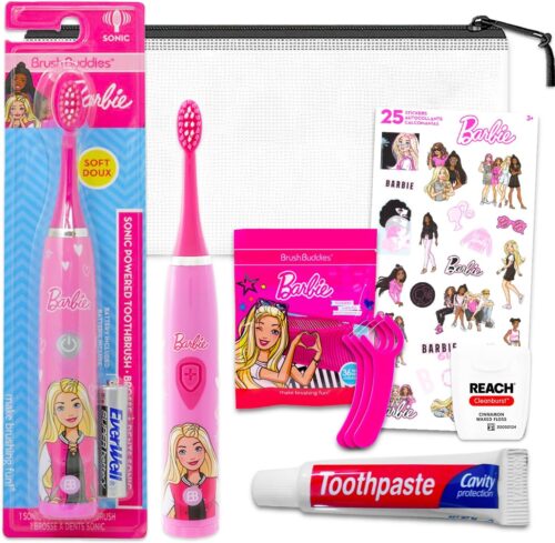 Barbie Oral Care Traveling Kit for Kids – Bundle with a Barbie Toothbrush, Toothpaste, Dental Flossers Pack, Travel Bag, More for Girls, Toddlers | Barbie Toothbrush Set for Girls