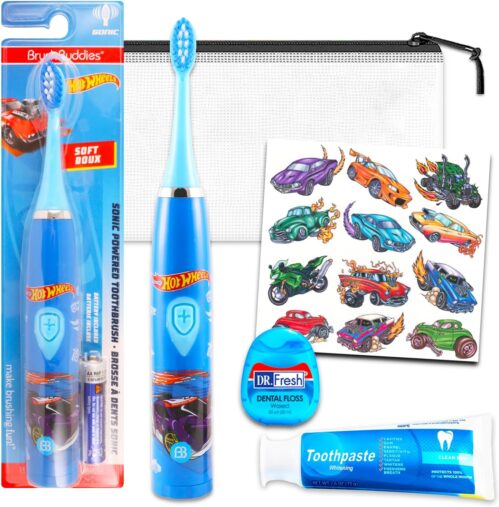Hot Wheels Oral Care Traveling Kit for Kids – Bundle with Hot Wheels Electric Toothbrush, Toothpaste, Floss, Travel Bag, and More for Boys, Toddlers |v Toothbrush Set