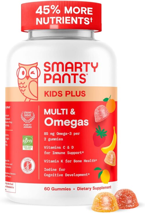 SmartyPants Kids Multivitamin Gummies – Improved Formula: Omega 3 (DHA/EPA), Vitamins D3, C, B12, B6, Vitamin A, K & Zinc, Gluten Free, Three Fruit Flavors, 60 Count (30 Day Supply)