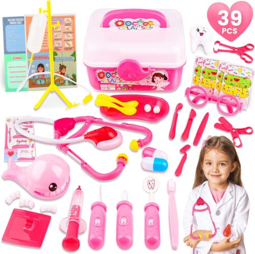 Doctor Kit for Toddlers 3-5, 39Pcs Kids Dentist Play Set, Stethoscope Toy & Doctors Play Set for Toddler, Playset Role Pretend Play Medical Gifts for Kids Ages 2 4 8 Year Old, Pink