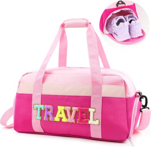 Large Travel Duffel Bags for Girls Women Tote Bag with Waterproof Wet Pocket, Kids Carry On Weekender Overnight Gym Dance Bag with Shoes Compartment, Pink