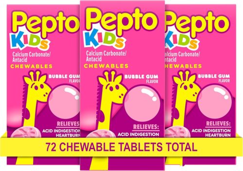 Pepto Kid’s Chewable Tablets for Heartburn, Acid Indigestion, Sour Stomach, and Upset Stomach, Bubblegum Flavor, 72 Total (3 Packs of 24)