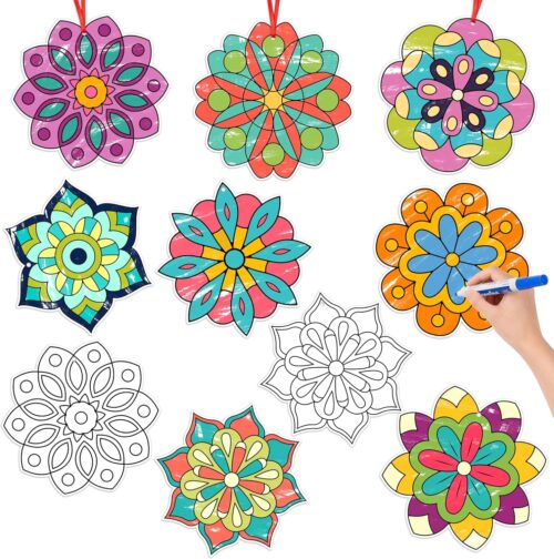 BeYumi Coloring Mandala Craft Kit – 83Pcs Color Your Own Mandala Kit for Kids DIY Coloring Craft Kit Coloring Mandala Ornament Geometric Card Decor School Classroom Summer Party Activity Art Craft