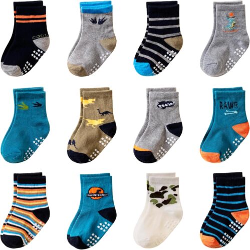 Toddler Non Slip Grips Socks Kids Anti Skid Baby Boys Cotton Crew Socks 12 Pairs