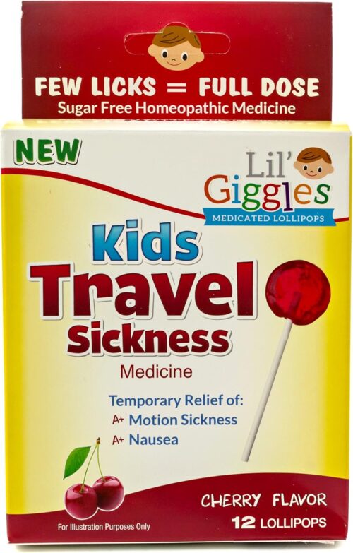 Lil’ Giggles Kids Medicated Lollipops – Sweet Gentle Relief for Kids & Non-drowsy – for Car Sickness, Travel Nausea & Motion Sickness Relief – Homeopathic Remedy Children’s Love – Cherry Flavor 12 CT