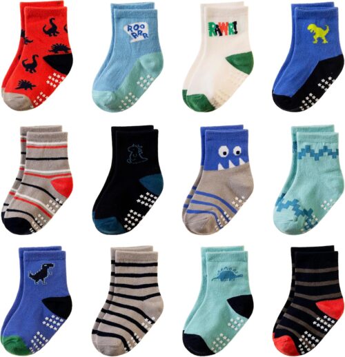 Toddler Non Slip Grips Socks Kids Anti Skid Baby Boys Cotton Crew Socks 12 Pairs