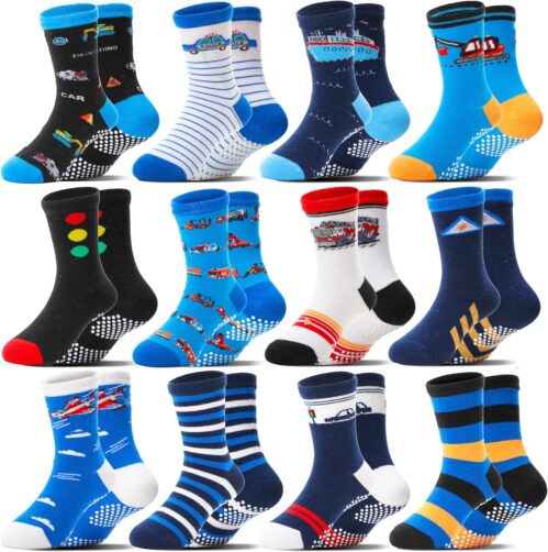 Baby Boys Grips Socks 12 Pairs Kids Toddlers Infants Anti Slip Non Skid Funny Cartoon Crew Breathable Cotton Socks