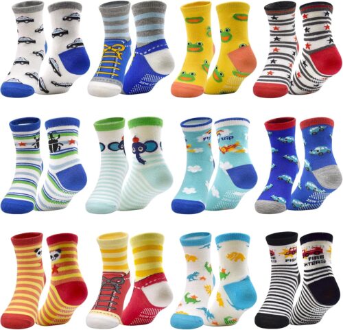 SkiBeaut Toddlers Kids Non Slip Socks Grips Sticky Slippery Crew Socks for 1-7 Years Old 12 Pairs Children Boys Girls Socks
