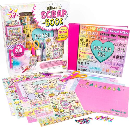 Just My Style Ultimate Scrapbook, Personalize and Decorate A 40-Page DIY Scrapbook, Great for Travel, Road Trips & On-The-Go, Memory Keeper Scrap Book for Kids & Tween Ages 6, 7, 8, 9,Beige