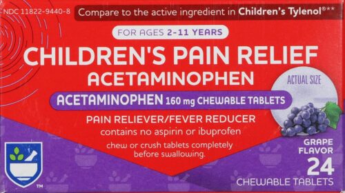 Rite Aid Children’s Pain Relief Chewable Grape Tablets, Acetaminophen, 160 mg – 24 Count | Pain & Fever Relief for Kids Ages 2-11 Years | Alcohol-Free, Aspirin-Free, Ibuprofen-Free