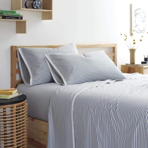 Martex Clean AF Pinstripe Cotton Sheet Set with SILVERbac Antimicrobial Technology, Gray, Twin,