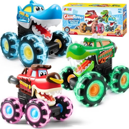 JOYIN 3 Pack Monster Truck Toy – Motion Activated Light-Up Cars for Toddlers – Monster Treads Lightning Wheels – Baby Toy Present – Press & Go Cars for Boys Girls