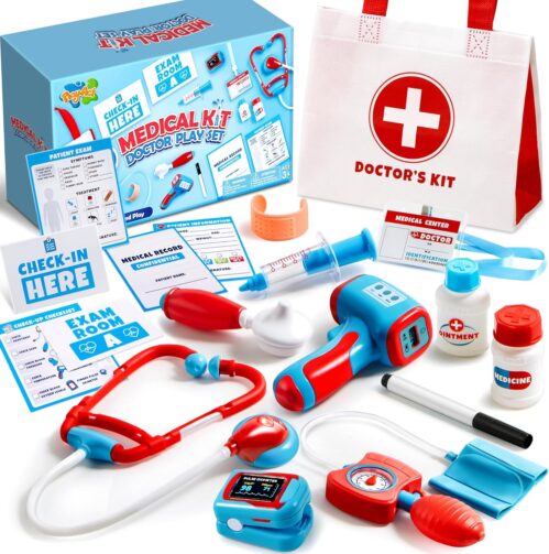 Kids Doctor Kit, 16-Piece Pretend Play Medical Kit with Bag, Doctor Role Play Set with Realistic Toy Stethoscope, Reusable Record Cards, Dress Up Playset for Toddlers Ages 3+